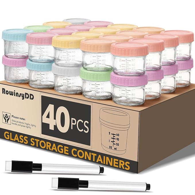 40 Pack Glass Baby Food Storage Containers, 4 oz Leakproof Baby Food Jars by RowinsyDD