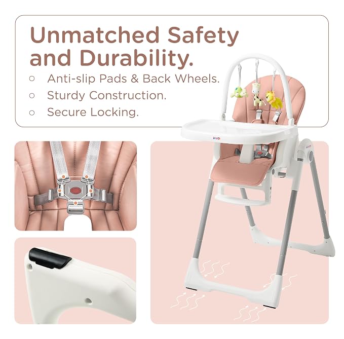 KÜB 3-in-1 Foldable Baby High Chair, 7 Height & 4 Recline Adjustable Seat & Tray - Image 4