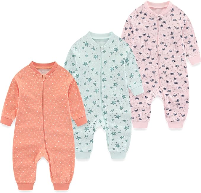Newborn Baby 2-way Zipper Romper Cotton One-piece Jumsuit 3-pack, 0-24 Months by MAMIMAKA