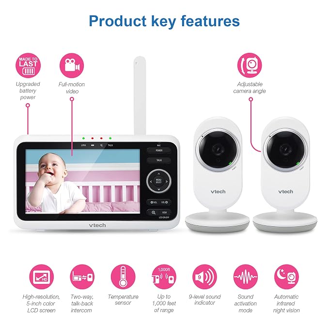 VTech VM350-2 Baby Monitor, 2 Cameras, 1000ft Range, Night Vision, 2-Way Audio - Image 2