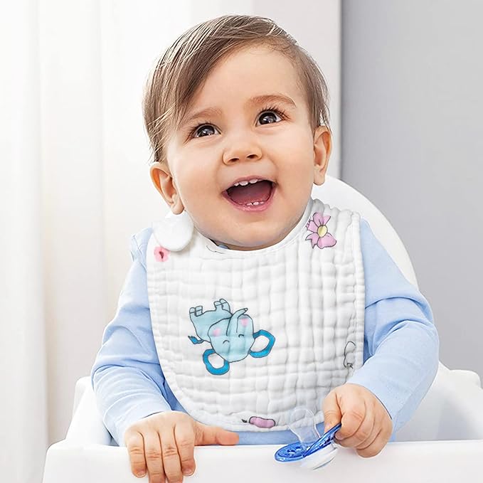 Zainpe 6Pcs Snap Muslin Cotton Baby Bibs Elephant Whale Rabbit Pattern Feeding - Image 5
