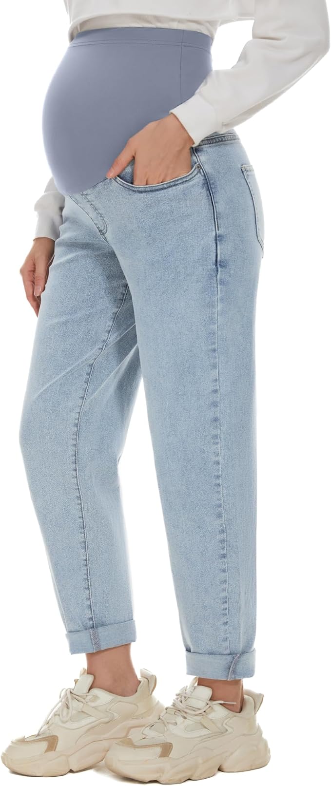 POSHGLAM Women's Maternity Jeans Over Belly Comfy Stretch 28'' Boyfriend Jeans by POSHGLAM
