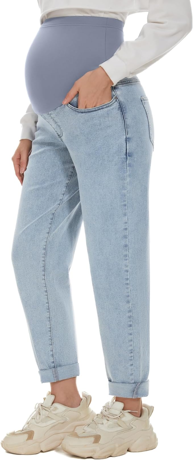 POSHGLAM Women's Maternity Jeans Over Belly Comfy Stretch 28'' Boyfriend Jeans by POSHGLAM