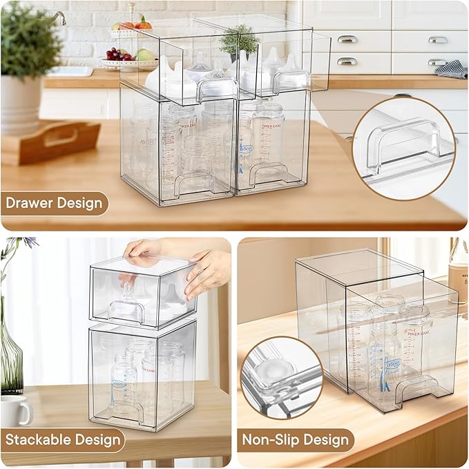 Baby Bottle Organizer, 4 Pack Clear Space-Saving Stackable Drawer - Image 5