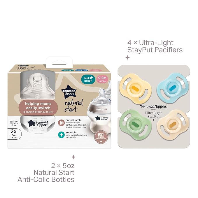 Tommee Tippee Pacifier and Bottle Bundle, 4 Ultra-Light StayPut Pacifiers - Image 2