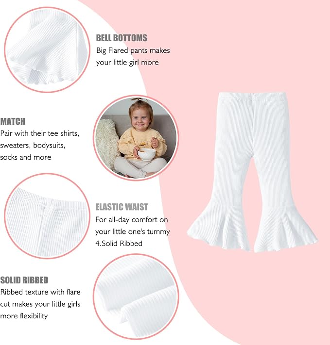 SOBOWO Baby Girl Flare Pants 3 Pack Toddler Solid Ribbed Ruffle Bell Bottoms - Image 4