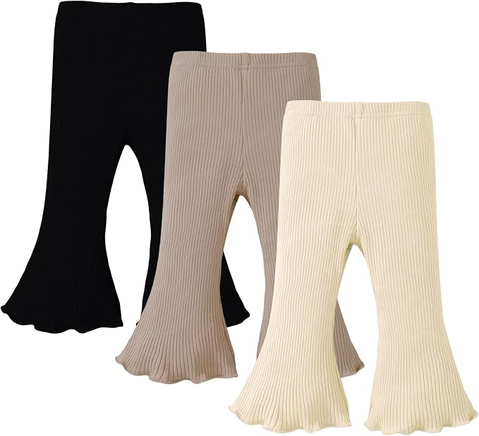 SOBOWO Baby Girl Flare Pants 3 Pack Toddler Solid Ribbed Ruffle Bell Bottoms by SOBOWO