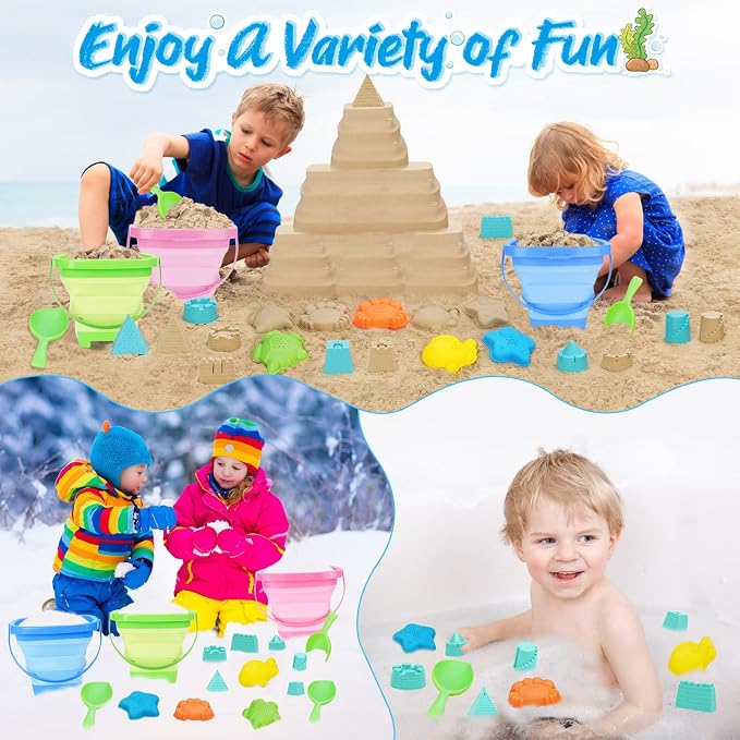 Collapsible Beach Toys for Kids, 3 Pack Foldable Sand Buckets and Shovels Set - Image 5