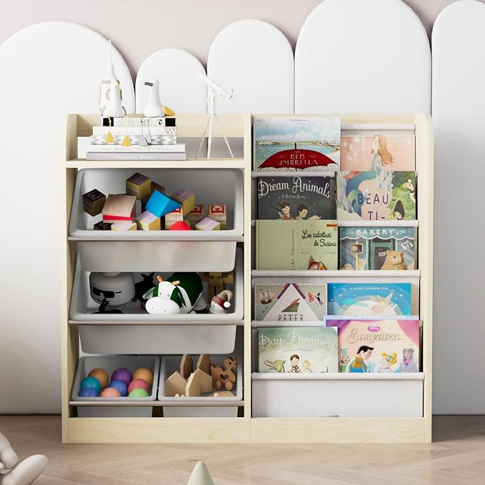 Natural Kids Wood Bookshelf Toy Storage Box Organizer Shelf W/4 Removable - Image 9