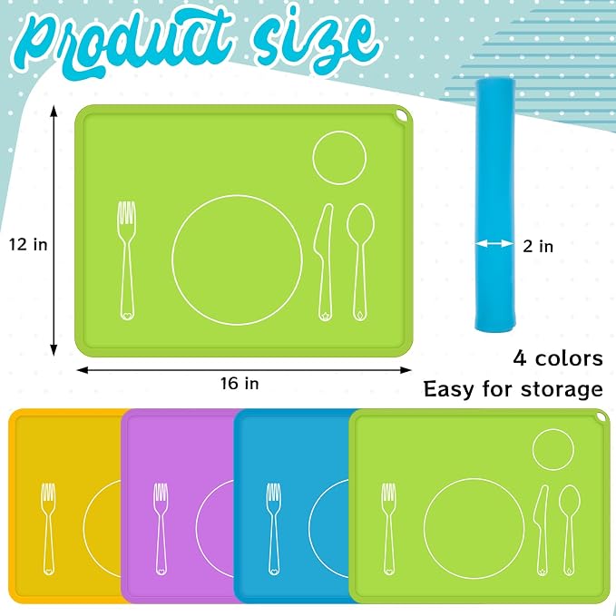Zhehao 4 Pcs Montessori Kids Placemat 16 x 12'' Non Slip Baby Silicone Placemats - Image 2