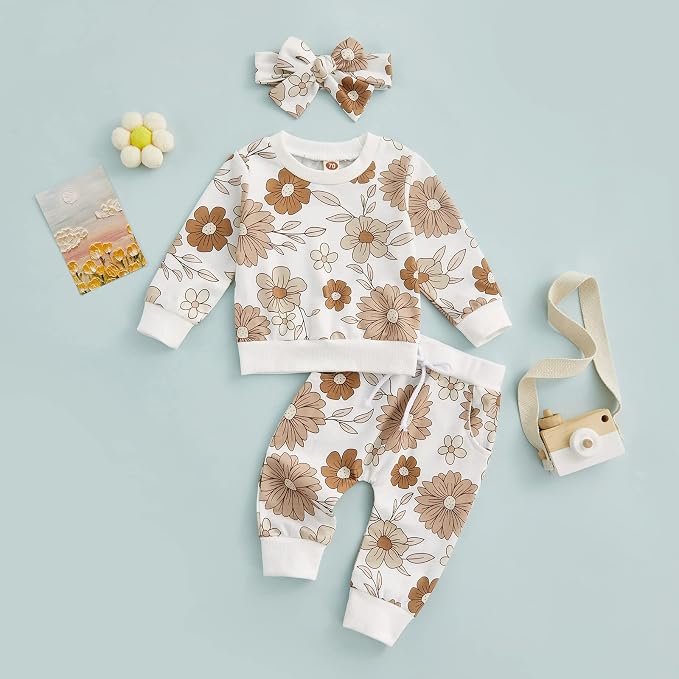 3Pcs Baby Girl Outfits Daisy Sweatshirt + Pants + Headband Infant Fall Winter - Image 6