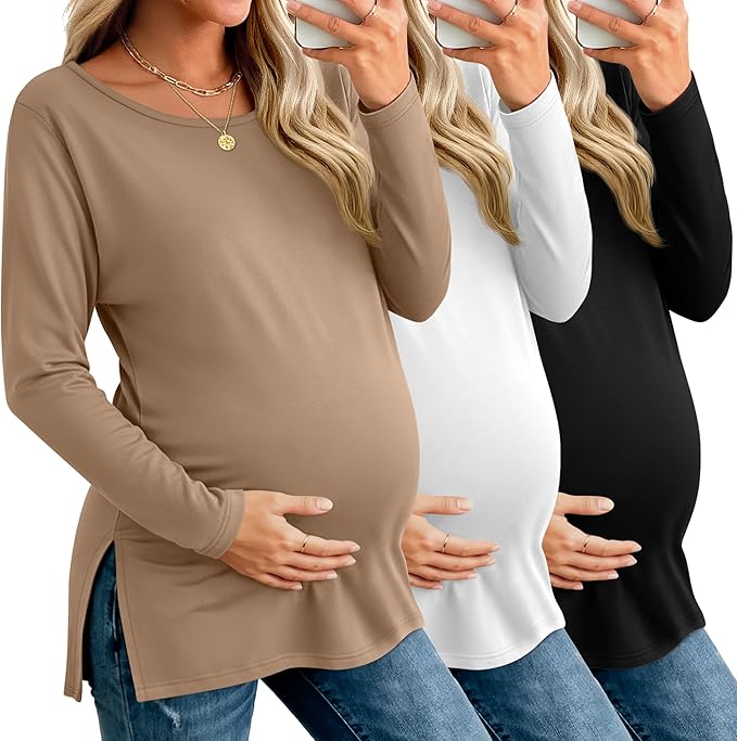 Riyiper 3 Pack Women's Maternity Long Sleeve T-Shirts Round Neck Side Split by Riyiper