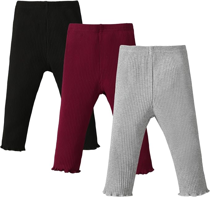 SOBOWO Baby Girl Leggings Pants Toddler Girls Solid Ribbed Pants 3 Pack Ruffle by SOBOWO