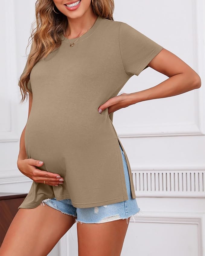 Ficerd 3 Pack Women's Maternity T Shirts, Short Sleeve Side Split Pregnancy - Image 4
