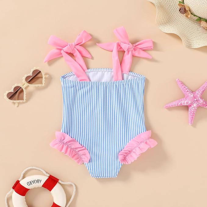Happy Town Toddler Swimsuit Girl Solid Color Stripe One-Piece Baby Bathing Suits - Image 2