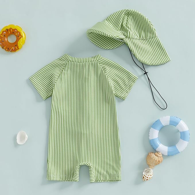 Toddler Baby Boys Seersucker Short Sleeve One Piece Rash Guard Swimsuit Zipper - Image 3