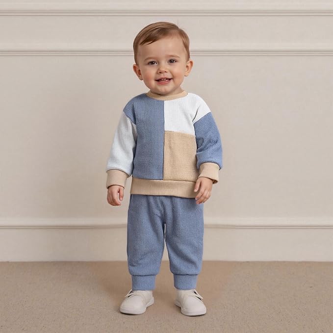 Toddler Baby Boy Fall Clothes Waffle Outfit Long Sleeve Color Blocking - Image 3
