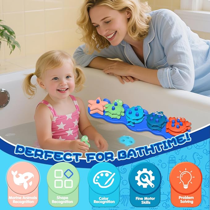 Toddler Bath Toys, Premium Silicone Mold Free Ocean Animal Shape Sorting & - Image 2