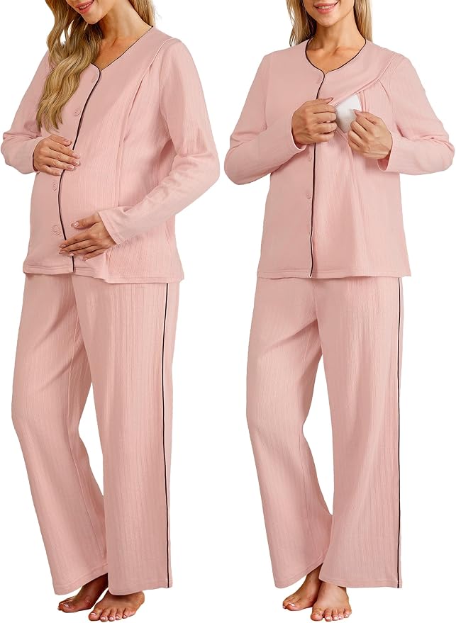OUGES 100% Cotton Women's Maternity Nursing Pajamas Sets Button Down by OUGES
