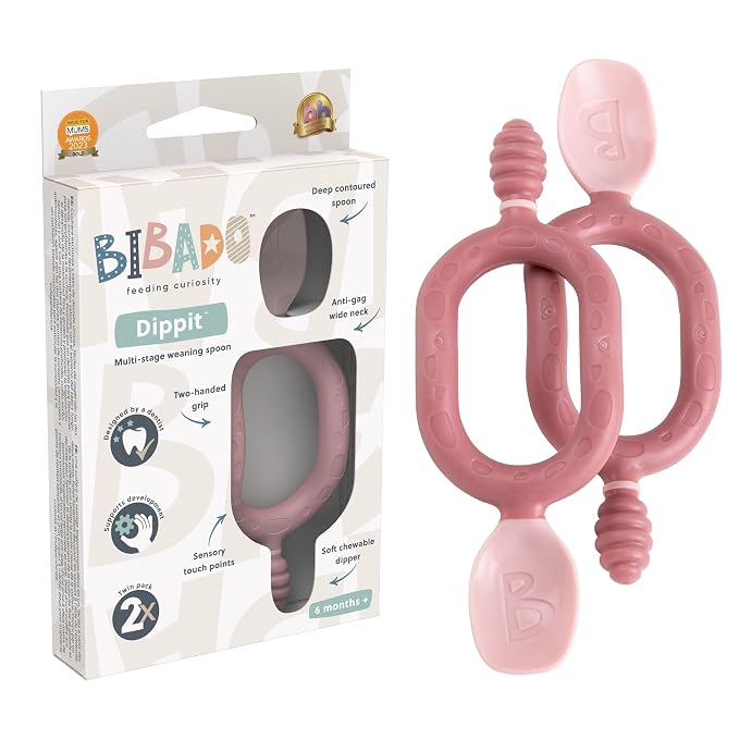 Bibado - Dippit Baby Spoon and Dipper, Blush - Soft, Chewable Dipper & Deep by BIBaDO