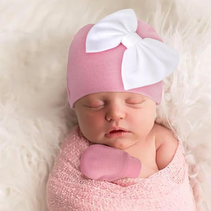 BQUBO Newborn Baby Hats Mittens Set Hospital Hat Beanie Infant Bow Hats Baby - Image 3