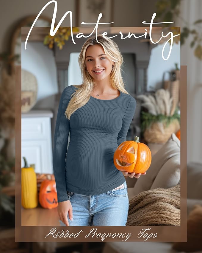 Huukeay 4 Pack Women's Maternity Shirts, Long Sleeve Cotton Ribbed Pregnancy - Image 3