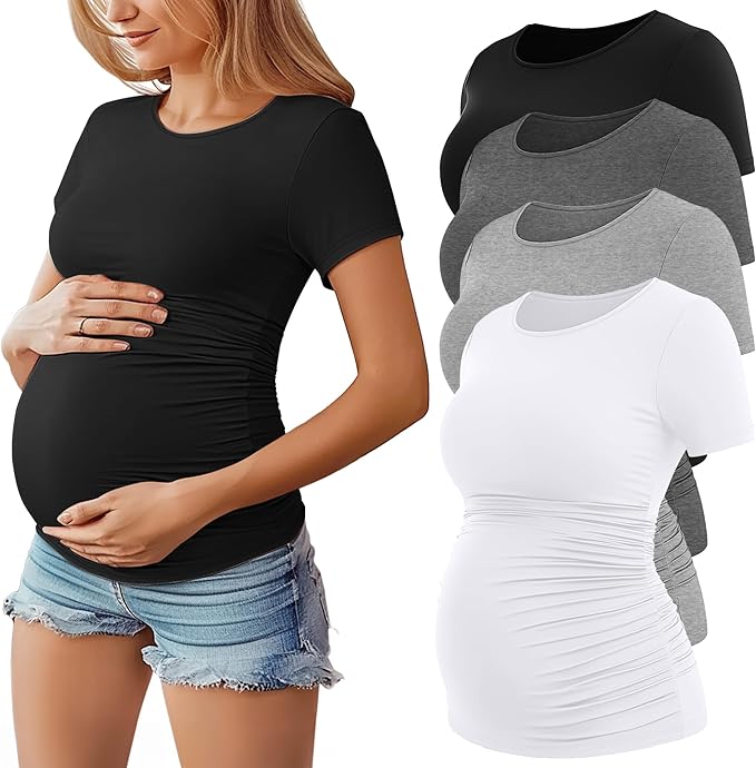 Huukeay 4 Pack Women's Maternity Shirts, Crew Neck Maternity Top Short Sleeve by Huukeay