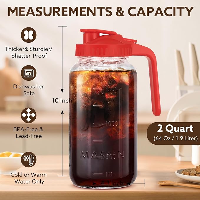 Glass Pitcher with Lid, 64 OZ Mason Jar Pitcher Double Leak Proof, 2 Quart - Image 4