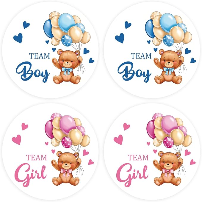 80Pcs Cute Bear Gender Reveal Stickers Roll, 2 Inch Team Boy Team Girl Gender by PNTKION