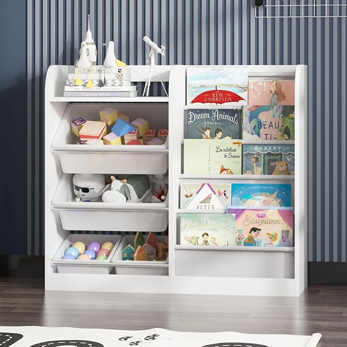 White Kids Wood Bookshelf Toy Storage Box Organizer Shelf W/4 Removable Plastic - Image 7