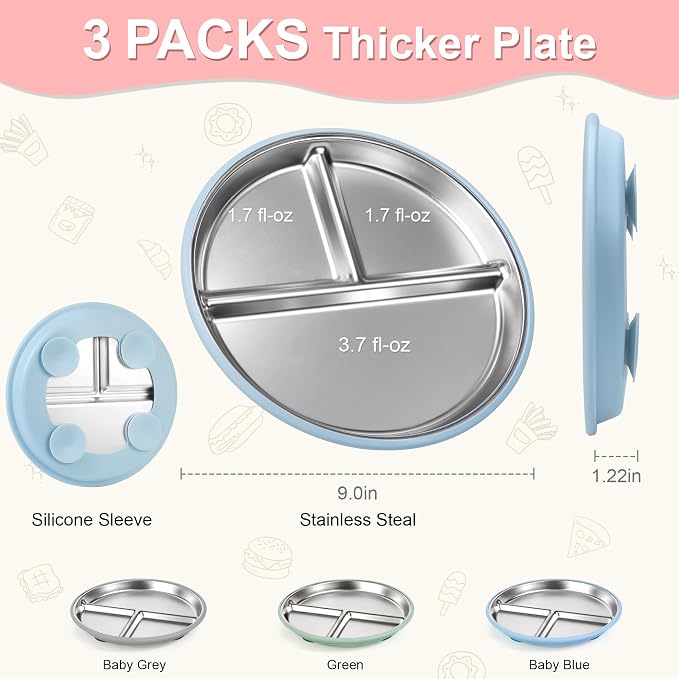 Stainless Steel Toddler Plates Silicone Suction, 3 Packs Non-Slip Baby Plates - Image 4