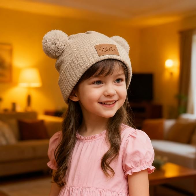 Custom Baby Beanies Personalized Toddler Winter Hats Name Leather Patch Kids - Image 4