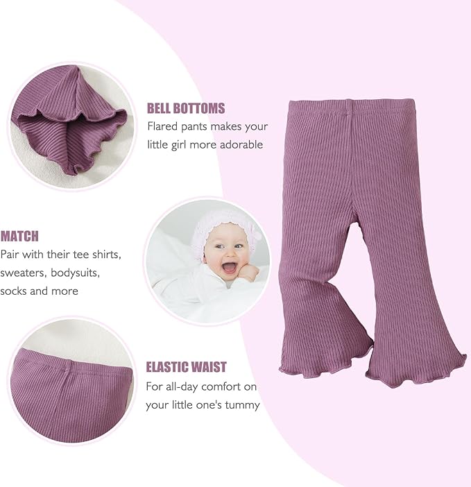 SOBOWO Baby Girl Flare Pants 3 Pack Toddler Solid Ribbed Ruffle Bell Bottoms - Image 2