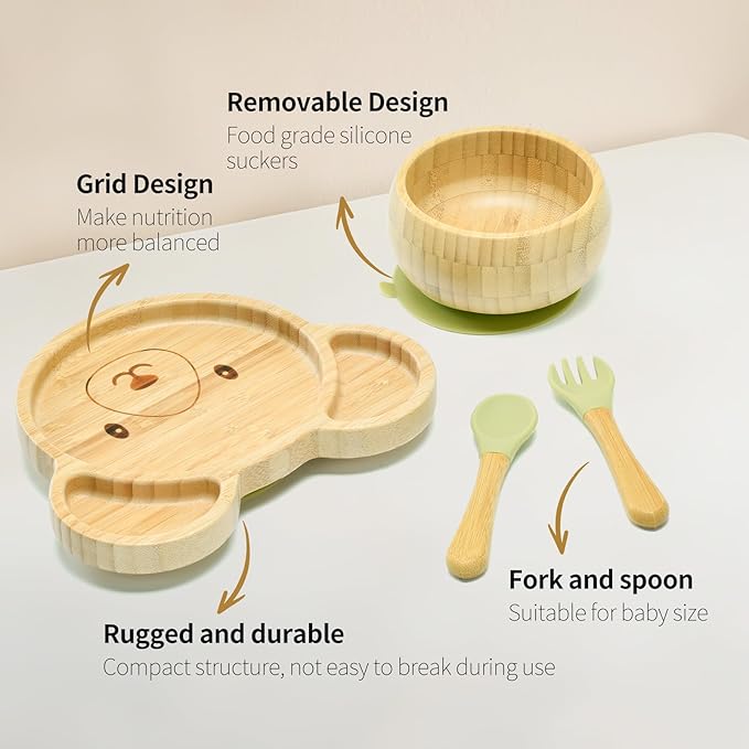 Bamboo Suction Plates Bowls Setfor Baby Toddler Divided Platter Food bowl - Image 3