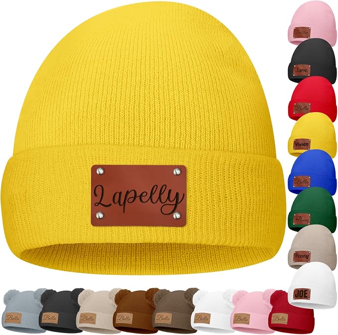 Custom Baby Beanies Personalized Toddler Winter Hats Name Leather Patch Kids by Unknown