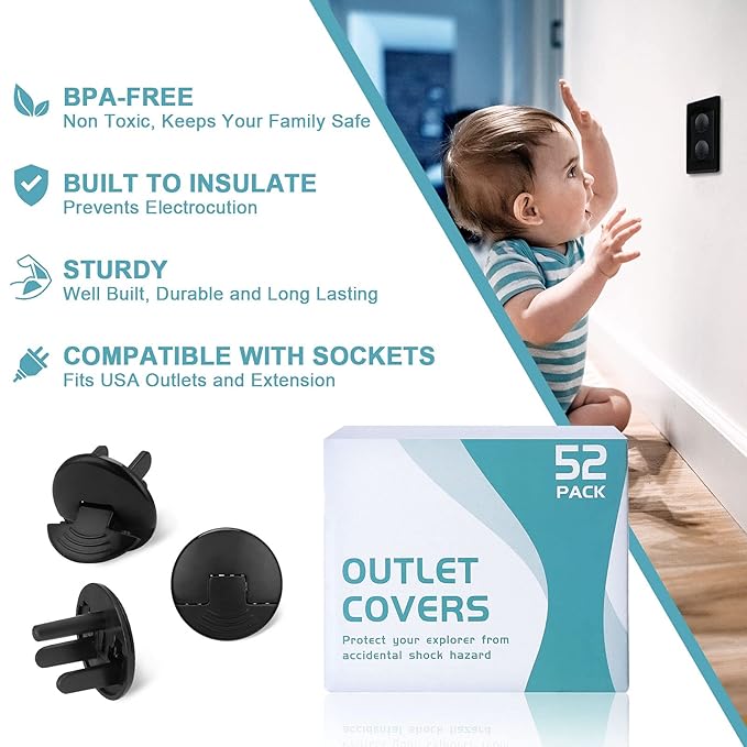 52 Pack Black Safety Outlet Covers Baby Proofing, Electrical Socket Outlet - Image 3
