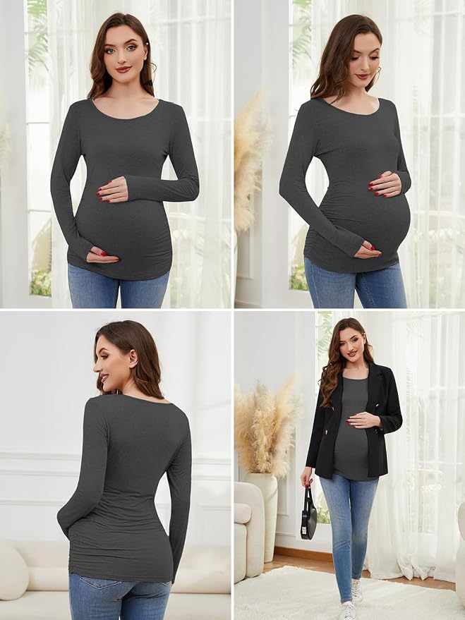 Ecavus Women's Maternity Shirts Long Sleeve Soft Stretchy Pregnancy Tops Side - Image 4