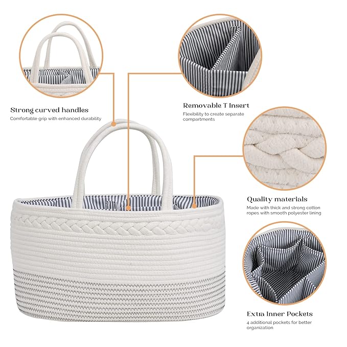 luxury little Diaper Caddy Organizer, Extra Large Cotton Rope Nursery Basket - Image 5