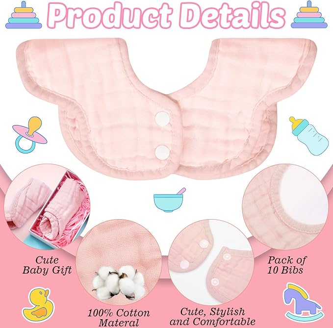 Geyoga 10 Pcs Baby Bibs 360° Rotate Baby Bandana Muslin Drool Bibs Petal Bibs - Image 5