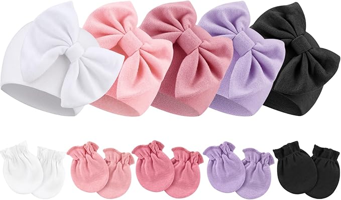 BQUBO Newborn Baby Girls Hats Mittens Set Hospital Hat Beanie Infant Bow Hats by DRESHOW
