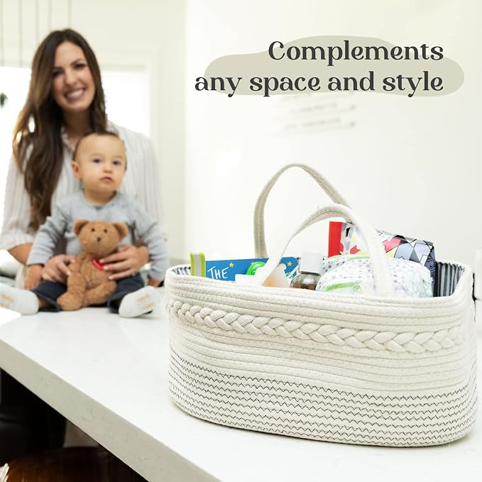 luxury little Diaper Caddy Organizer, Large Cotton Rope Nursery Baby Basket - Image 7