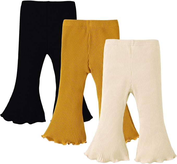 SOBOWO Baby Girl Flare Pants 3 Pack Toddler Solid Ribbed Ruffle Bell Bottoms by SOBOWO