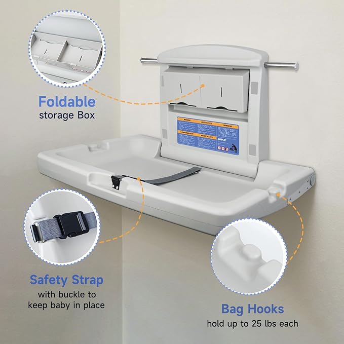 AIKE Commercial Horizontal Baby Changing Station, Wall Mounted Foldable Baby - Image 5