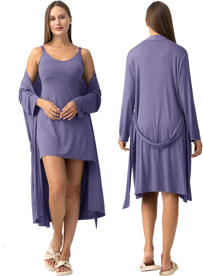 SUNNYBUY Women's Nursing Nightgown Maternity Robe Set, 3 in 1 Labor Delivery - Image 3