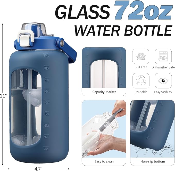 72oz Glass Water Bottle with 2-IN-1 Straw &Chug Lid, Large Motivational Glass - Image 2