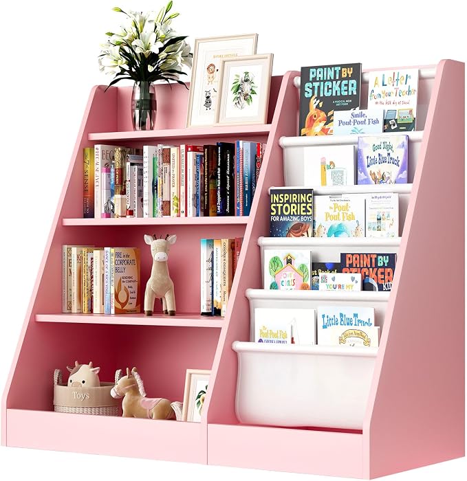 Pink 4-Tier Kids Wooden Bookshelf, 5 Layer Sling Bookcase, Baby Storage Book by HedoAjim