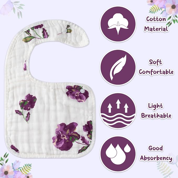 Zainpe 6Pcs Snap Muslin Cotton Baby Bibs Flower Pattern Infants Drooling Bib - Image 3