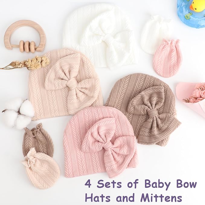 BQUBO Newborn Baby Hats Mittens Set Hospital Hat Beanie Infant Bow Hats Baby - Image 5