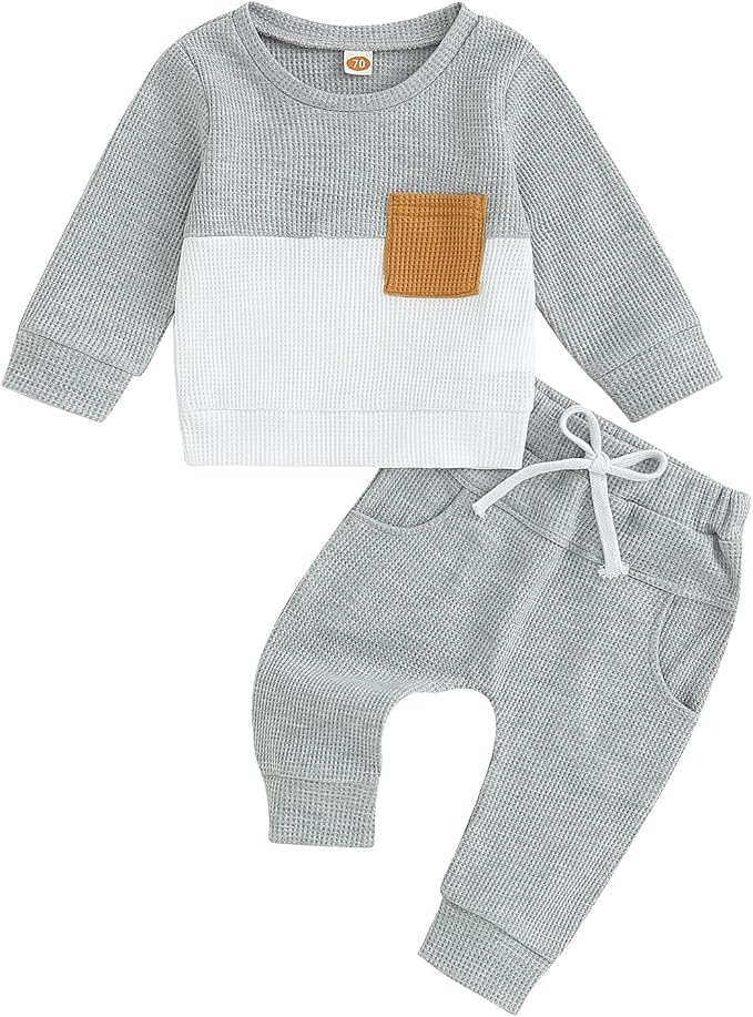 Toddler Baby Boy Fall Clothes Waffle Contrast Color Sweatshirt Pants Sets by GGBNOMER