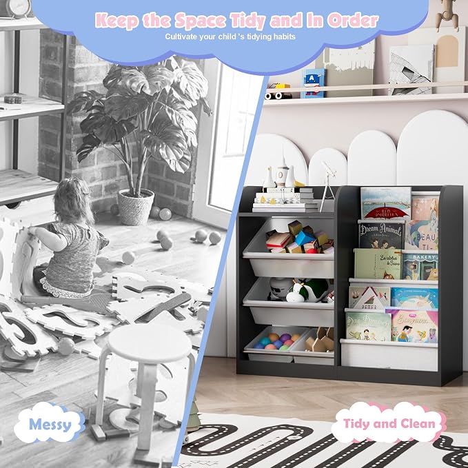 Black Kids Wood Bookshelf Toy Storage Box Organizer Shelf W/4 Removable Plastic - Image 3